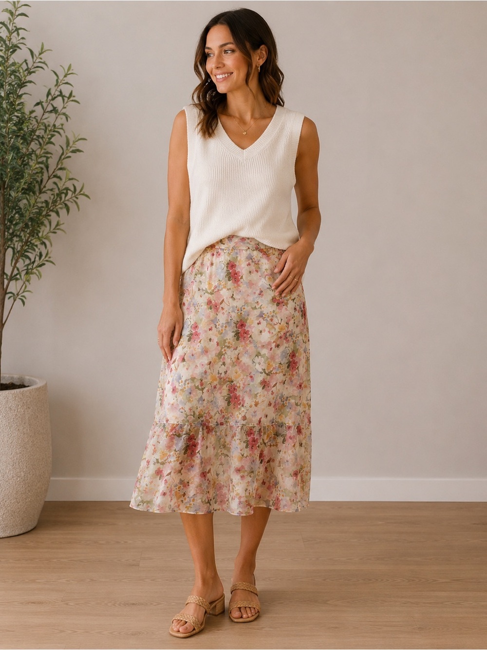 NWT MELLODAY Floral Tiered Lined Midi Maxi Skirt M Garden Party